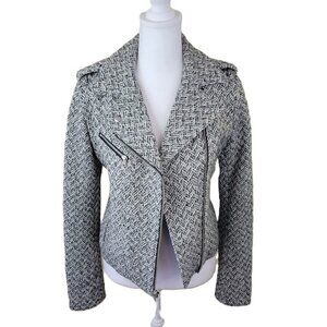 GAP Wool Blend Black White Herringbone Tweed Moto Jacket Asymmetrical Zip SZ XS